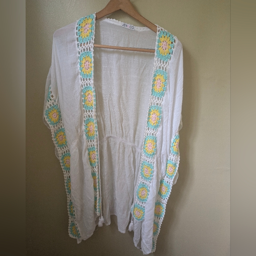 Jen & Co White cover up with Green, Yellow And Pink Crochet Accents